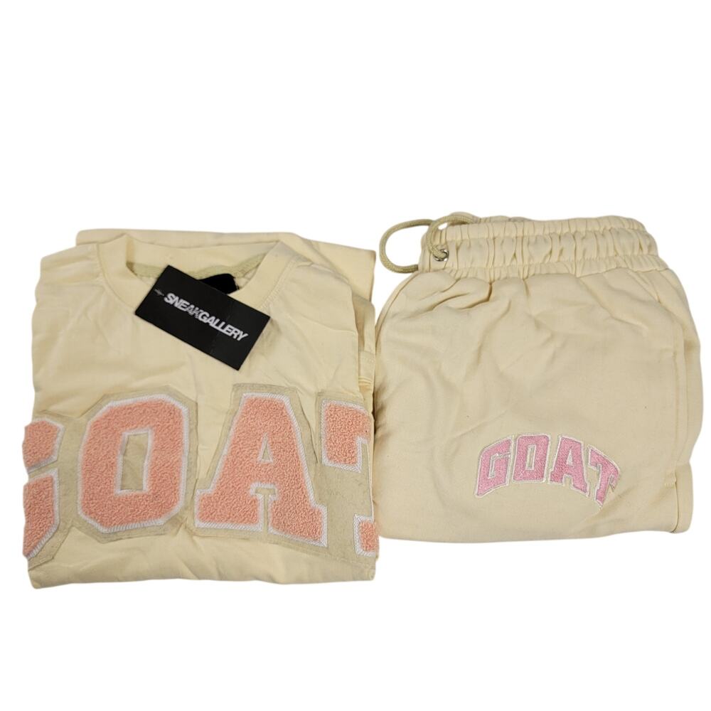 SneakGallery GOAT Short Sleeve Crewneck Jogger Sweat Set Mens L Cream NWT